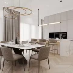 Elegancka jadalnia i kuchnia w stylu modern classic z marmurową wyspą i złotymi akcentami.