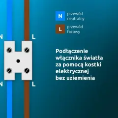 Schemat podłączenia włącznika światła do puszki. Pokazuje przewód neutralny (N) i fazowy (L) podłączane do kostki elektrycznej.