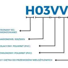 Jak czytać oznaczenia kabli: H03VV-F to przewód harmonizowany, 300/300V, izolacja i powłoka z PVC, żyły giętkie.