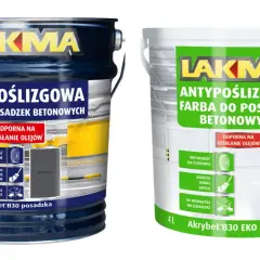 Szukasz idealnej farby do betonu na zewnątrz? Dwa wiadra farby LAKMA Antypoślizgowa do posadzek betonowych, odpornej na oleje i ścieranie.