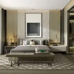 Nowoczesna sypialnia z otwartą garderobą i dużym oknem. Inspiracja, jak urządzić sypialnię w eleganckim stylu.