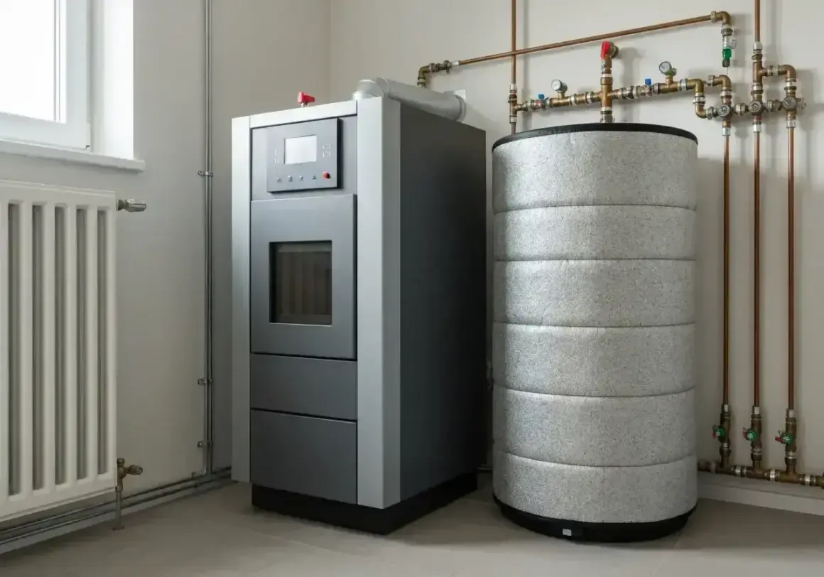 Nowoczesny bufor do pieca, obok grzejnika i instalacji grzewczej, zapewnia efektywne ogrzewanie domu.