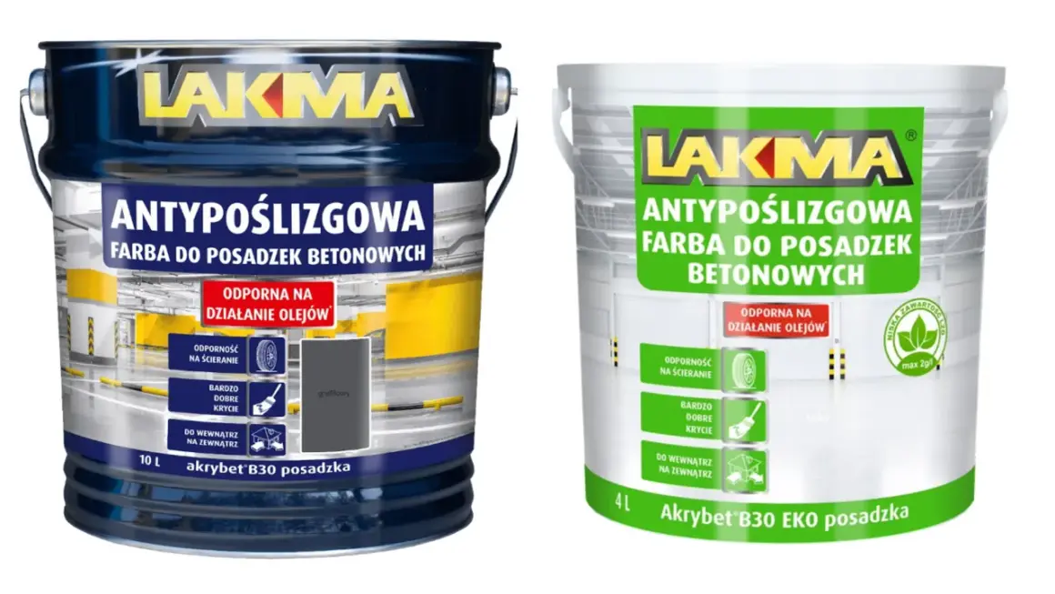 Szukasz idealnej farby do betonu na zewnątrz? Dwa wiadra farby LAKMA Antypoślizgowa do posadzek betonowych, odpornej na oleje i ścieranie.