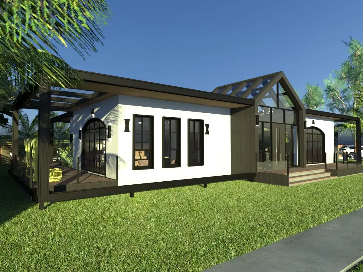 Nowoczesny bungalow z dużymi oknami i przeszklonym dachem. Idealny dom parterowy, który odpowiada na pytanie: bungalow co to?