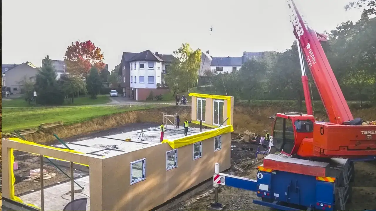 Budowa domu z prefabrykatów. Dźwig montuje moduł na fundamencie.